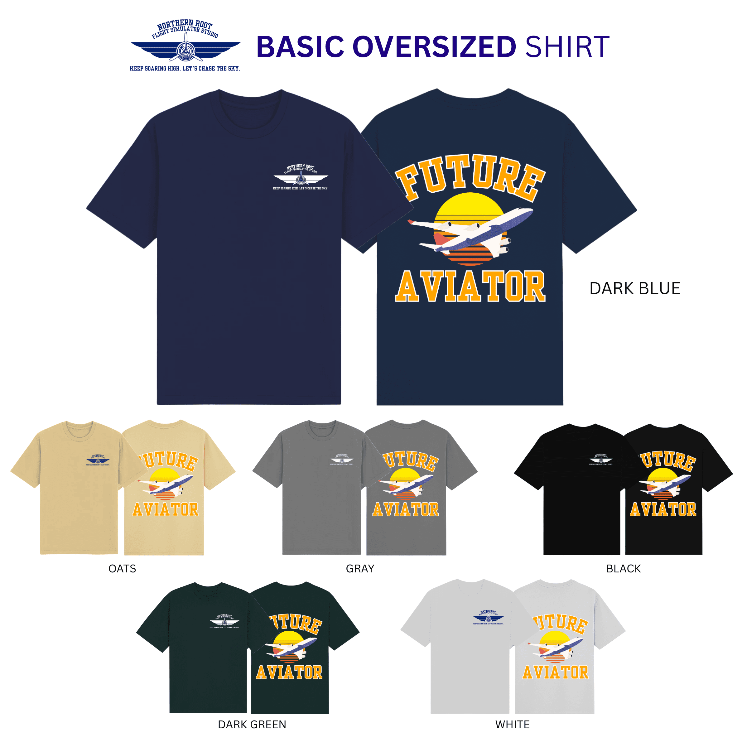 Future Aviator shirt design shown in all six colors