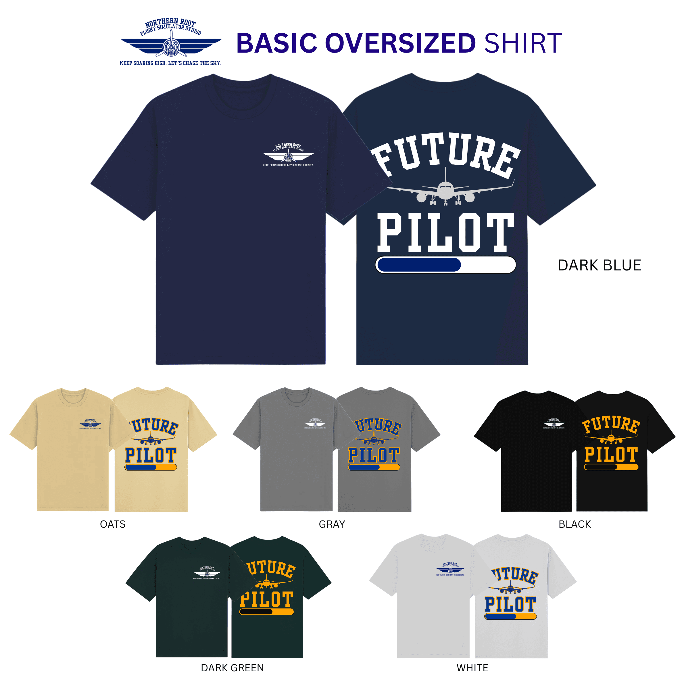 Future Pilot shirt design shown in all six colors