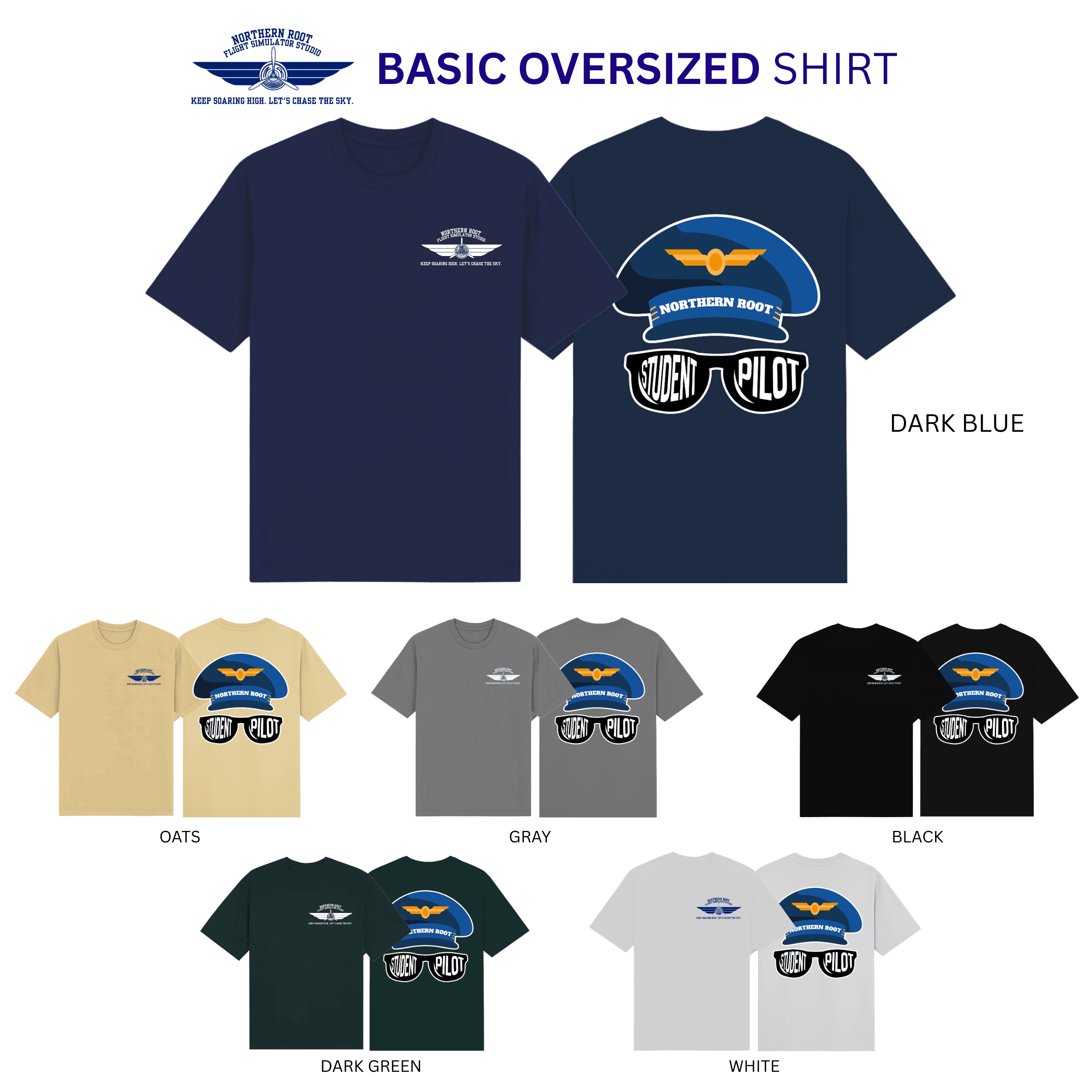 Student Pilot shirt design shown in all six colors